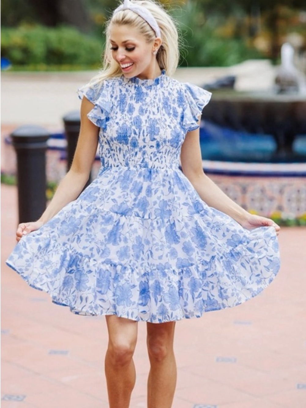 NEW J Marie Chloe Louise Floral Smocked Ruffled Mock Neck Tiered A-Line dress S